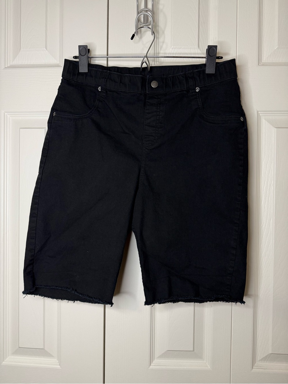 HUE Black Denim Bermuda Shorts with Frayed Hem